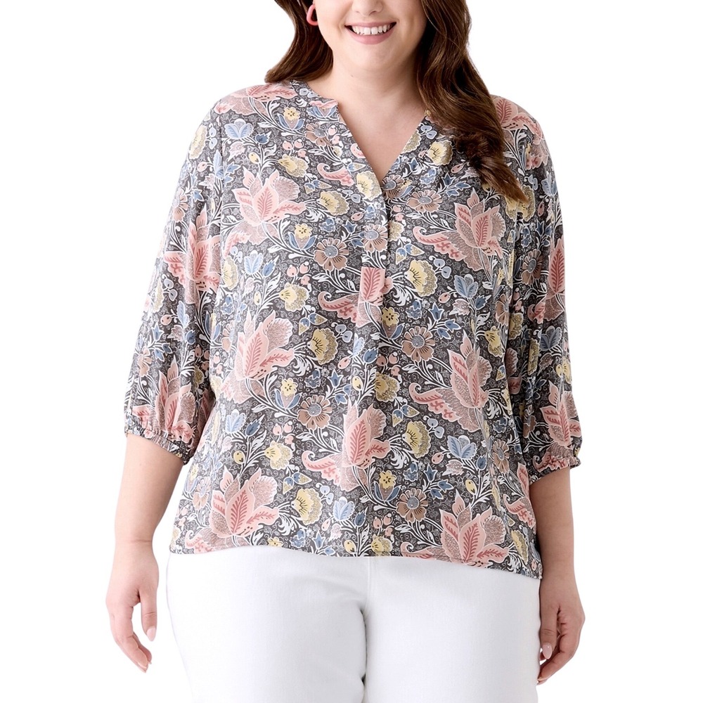 Tahari Woman Floral Blouse Size 3X Vintage Print 3/4 Sleeve Elastic Cuff NWT‎